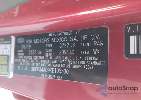 2019 Kia Forte S from USA, damaged, VIN 3KPF34AD9KE105530